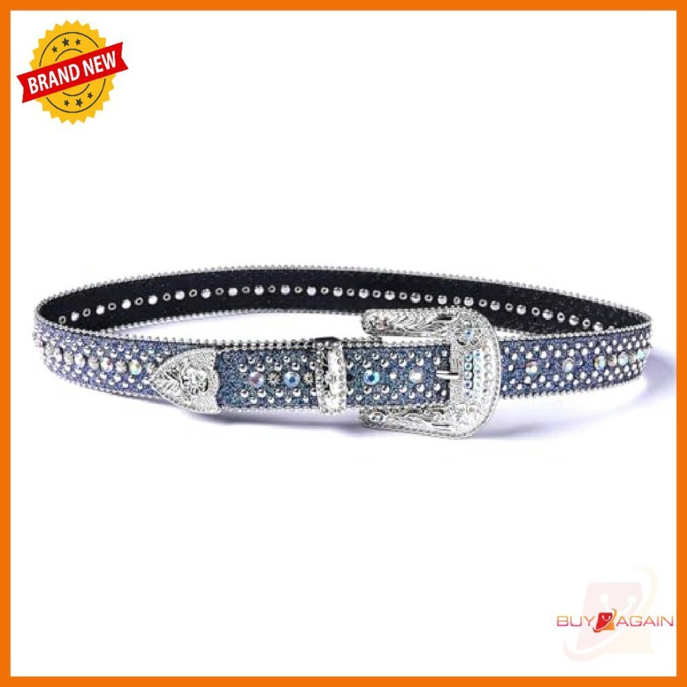 Rhinestone Crystal Studded Western Belt 1.5" Wide Faux Leather - Picture 3 of 5